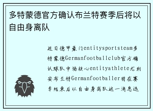 多特蒙德官方确认布兰特赛季后将以自由身离队