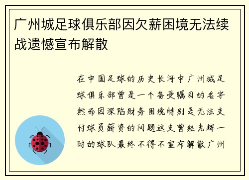 广州城足球俱乐部因欠薪困境无法续战遗憾宣布解散 广州城足球俱乐部因欠薪困境无法续战遗憾宣布解散